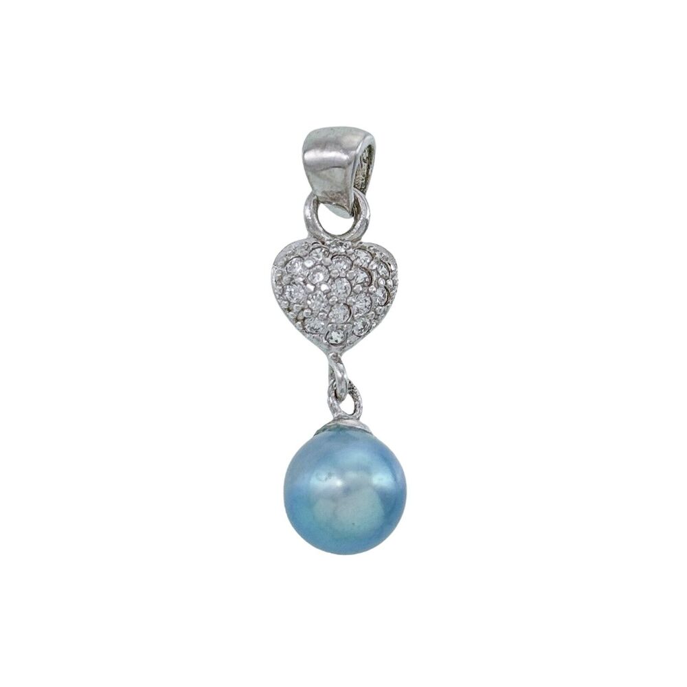 Vintage Sterling Silver 925 Pave Cubic Zirconia Heart Blue Pearl Dangle Pendant